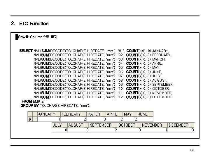 2. ETC Function Row를 Column으로 풀기 SELECT NVL(SUM(DECODE(TO_CHAR(E. HIREDATE, 'mm'), '01', COUNT(*))), 0) JANUARY,