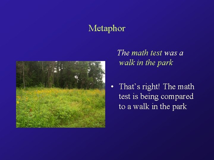 Metaphor The math test was a walk in the park • That’s right! The