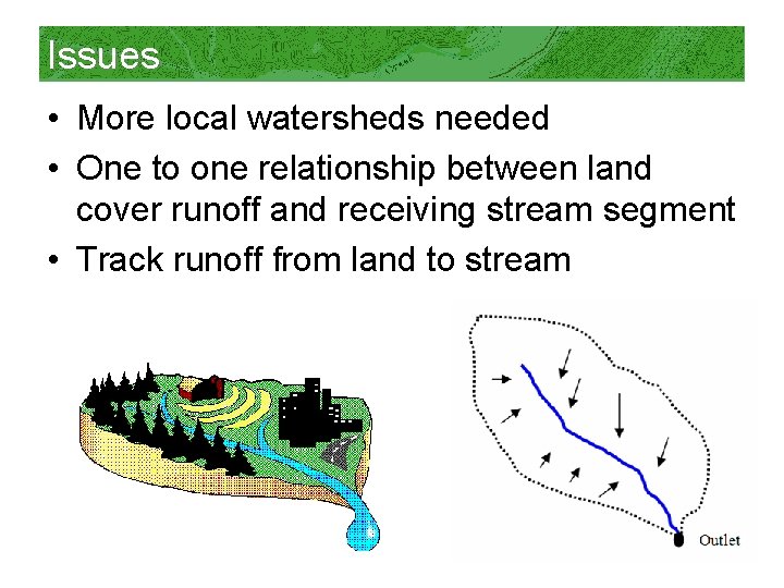 Issues • More local watersheds needed • One to one relationship between land cover