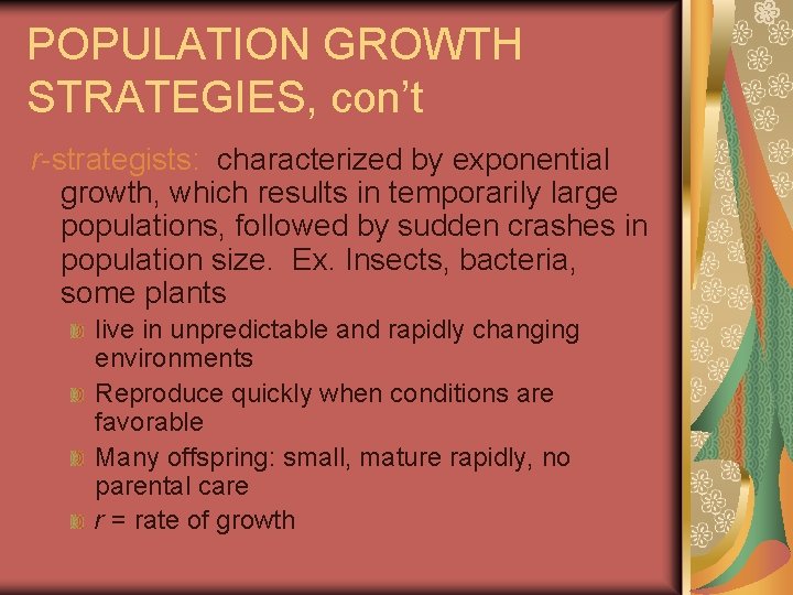 POPULATION GROWTH STRATEGIES, con’t r-strategists: characterized by exponential growth, which results in temporarily large