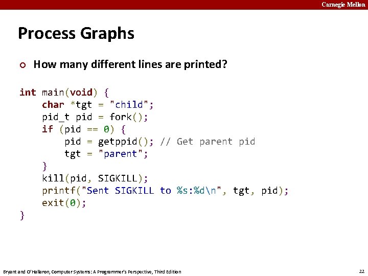 Carnegie Mellon Process Graphs ¢ How many different lines are printed? int main(void) {