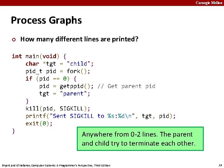 Carnegie Mellon Process Graphs ¢ How many different lines are printed? int main(void) {