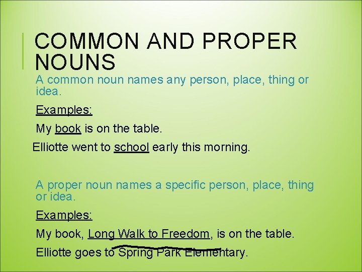 COMMON AND PROPER NOUNS A common noun names any person, place, thing or idea.