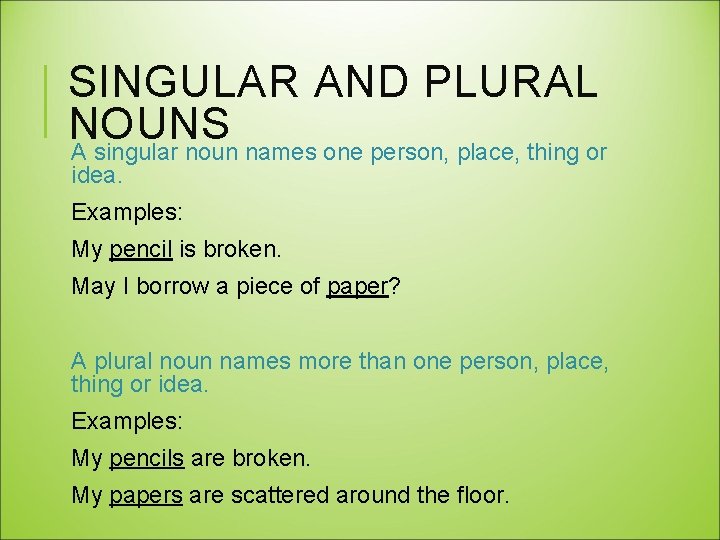 SINGULAR AND PLURAL NOUNS A singular noun names one person, place, thing or idea.