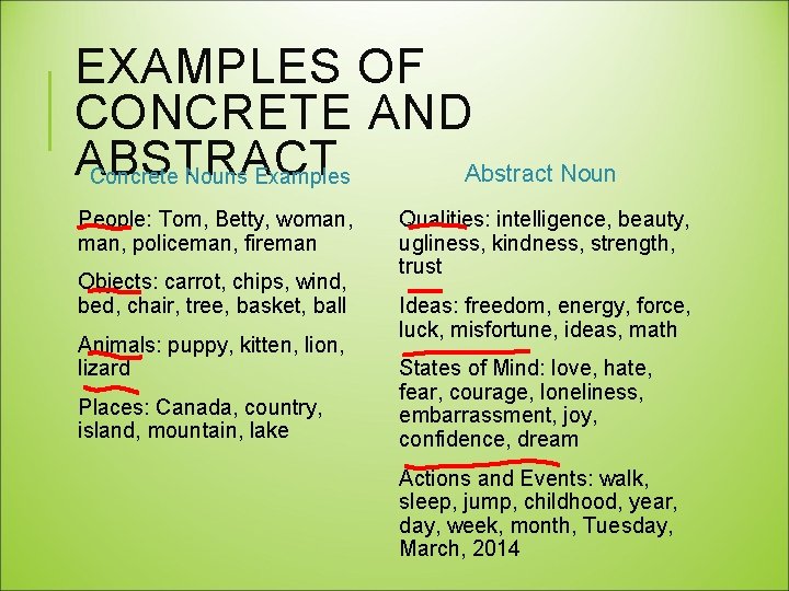 EXAMPLES OF CONCRETE AND ABSTRACT Abstract Noun Concrete Nouns Examples People: Tom, Betty, woman,