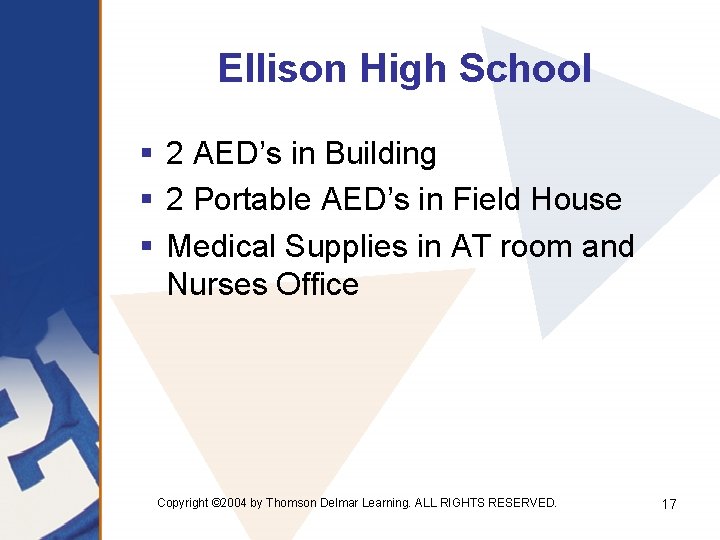 Ellison High School § 2 AED’s in Building § 2 Portable AED’s in Field