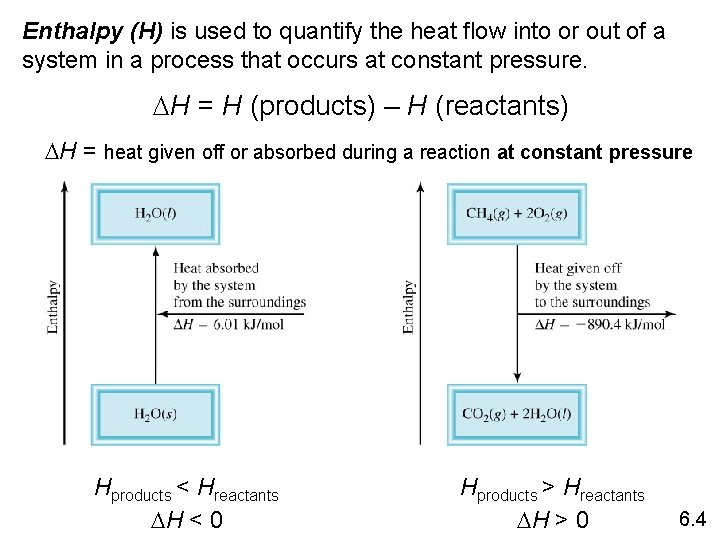 Enthalpy (H) is used to quantify the heat flow into or out of a