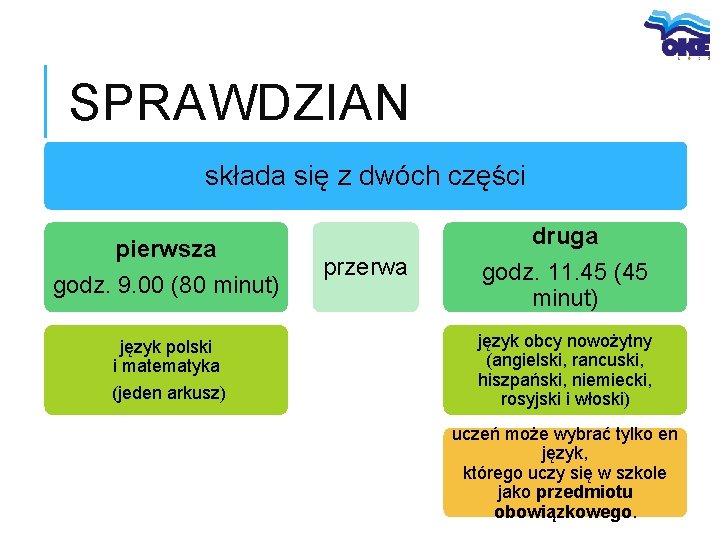 SPRAWDZIAN składa się z dwóch części pierwsza godz. 9. 00 (80 minut) język polski