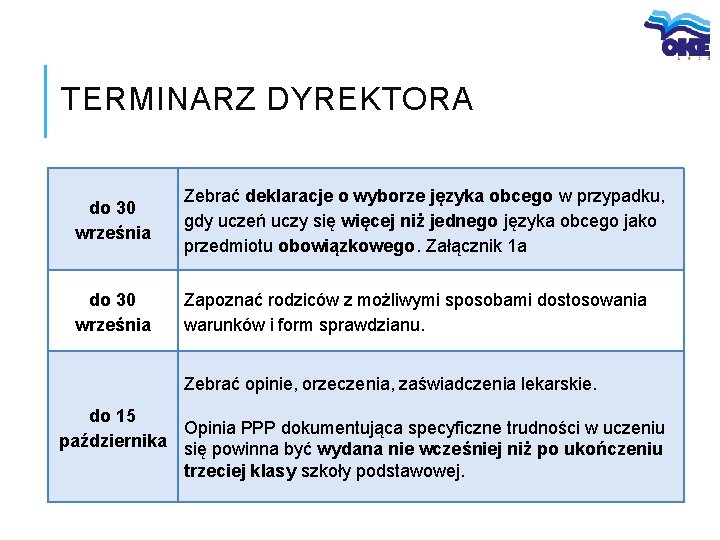 TERMINARZ DYREKTORA do 30 września Zebrać deklaracje o wyborze języka obcego w przypadku, gdy