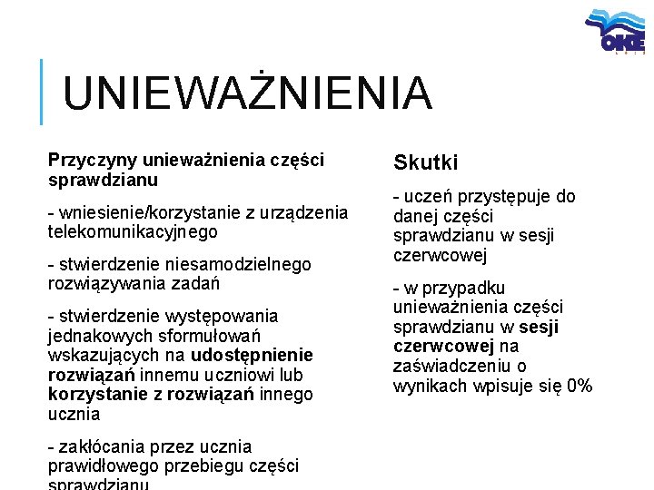 UNIEWAŻNIENIA Przyczyny unieważnienia części sprawdzianu - wniesienie/korzystanie z urządzenia telekomunikacyjnego - stwierdzenie niesamodzielnego rozwiązywania