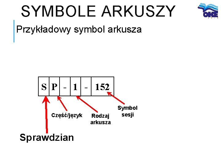 SYMBOLE ARKUSZY Przykładowy symbol arkusza S P - 152 Część/język Sprawdzian Rodzaj arkusza Symbol