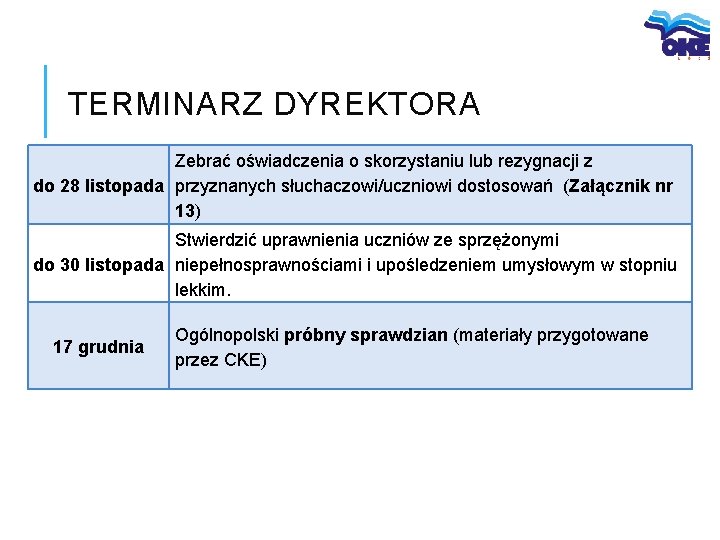 TERMINARZ DYREKTORA Zebrać oświadczenia o skorzystaniu lub rezygnacji z do 28 listopada przyznanych słuchaczowi/uczniowi