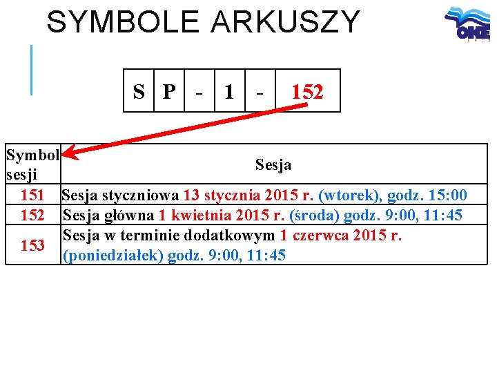 SYMBOLE ARKUSZY S P - 152 Symbol Sesja sesji 151 Sesja styczniowa 13 stycznia