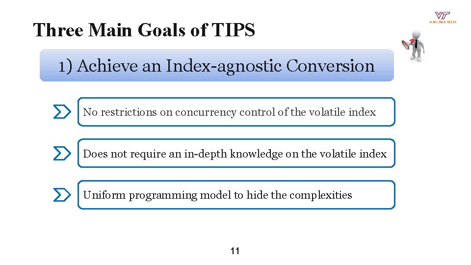 Three Main Goals of TIPS 1) Achieve an Index-agnostic Conversion No restrictions on concurrency