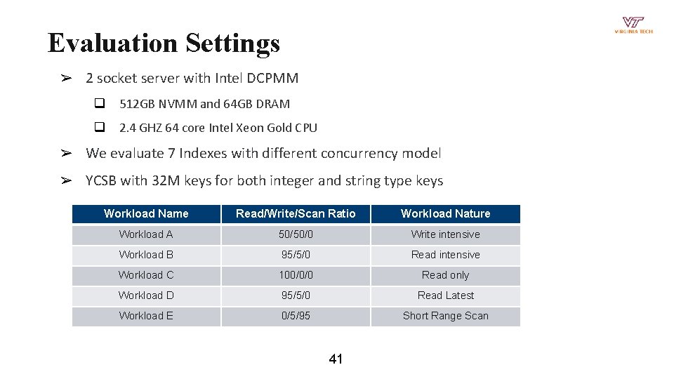 Evaluation Settings ➢ 2 socket server with Intel DCPMM q 512 GB NVMM and