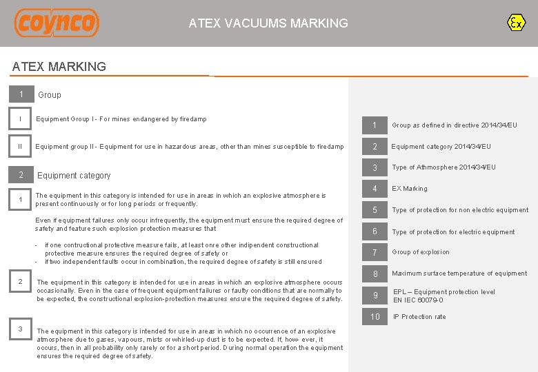 ATEX VACUUMS MARKING ATEX MARKING 1 Group I Equipment Group I - For mines