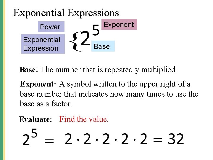 Exponential Expressions Power Exponential Expression Exponent Base: The number that is repeatedly multiplied. Exponent: