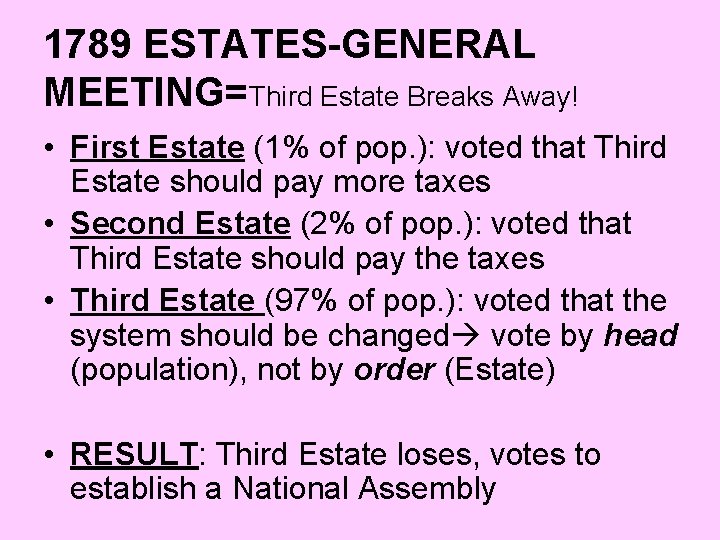 1789 ESTATES-GENERAL MEETING=Third Estate Breaks Away! • First Estate (1% of pop. ): voted