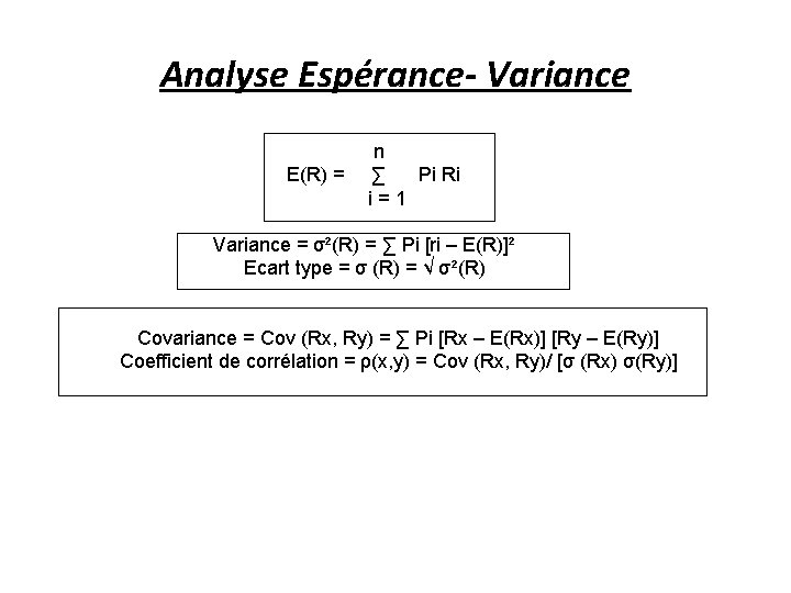 Analyse Espérance- Variance E(R) = n ∑ Pi Ri i=1 Variance = σ²(R) =