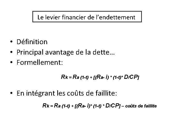 Le levier financier de l’endettement • Définition • Principal avantage de la dette… •