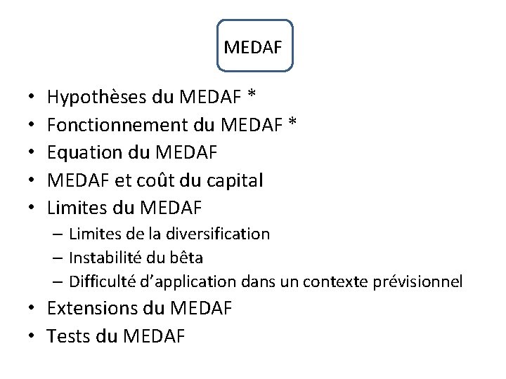 MEDAF • • • Hypothèses du MEDAF * Fonctionnement du MEDAF * Equation du