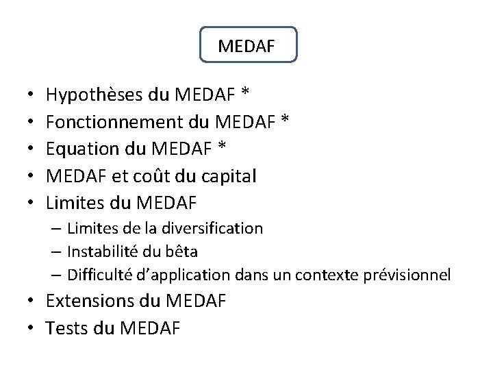 MEDAF • • • Hypothèses du MEDAF * Fonctionnement du MEDAF * Equation du