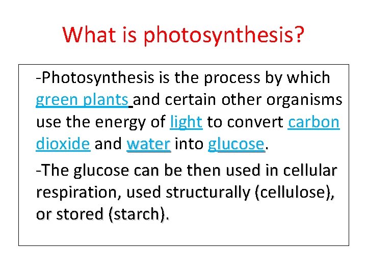 What is photosynthesis? -Photosynthesis is the process by which green plants and certain other