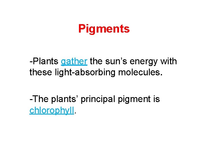 Pigments -Plants gather the sun’s energy with these light-absorbing molecules. -The plants’ principal pigment