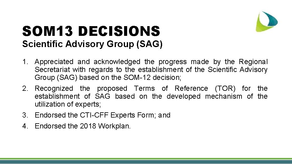 SOM 13 DECISIONS Scientific Advisory Group (SAG) 1. Appreciated and acknowledged the progress made