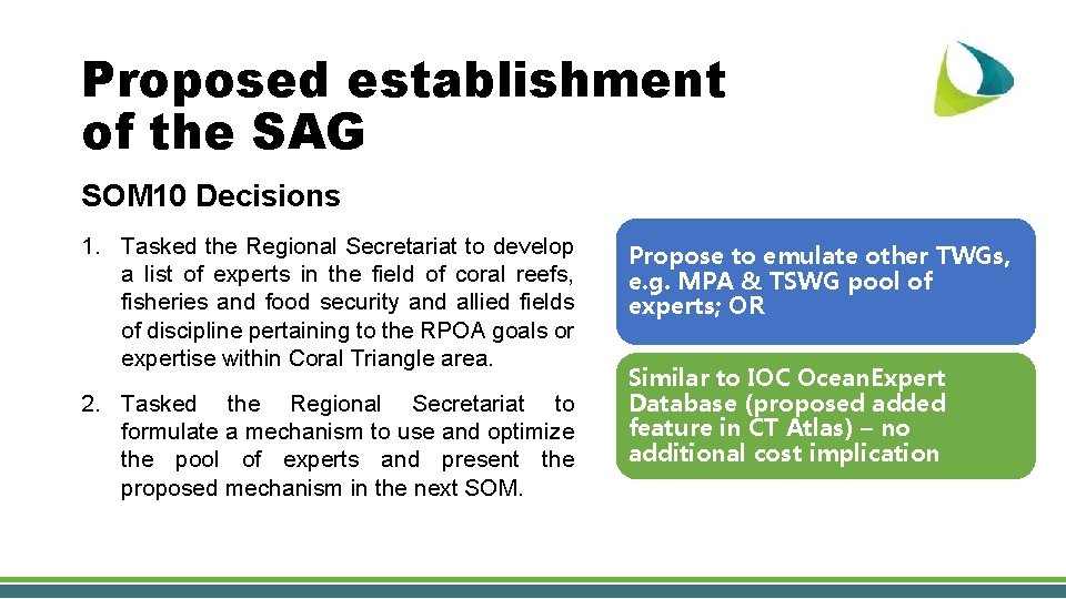 Proposed establishment of the SAG SOM 10 Decisions 1. Tasked the Regional Secretariat to