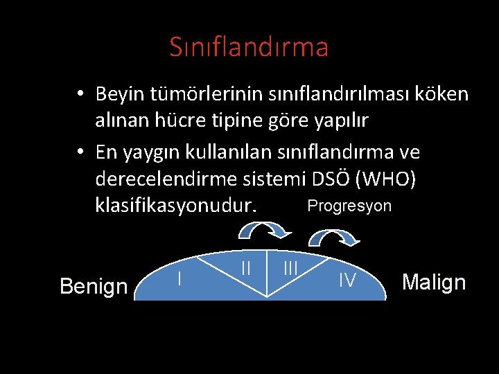 Sınıflandırma • Beyin tümörlerinin sınıflandırılması köken alınan hücre tipine göre yapılır • En yaygın