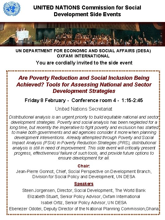 UNITED NATIONS Commission for Social Development Side Events UN DEPARTMENT FOR ECONOMIC AND SOCIAL