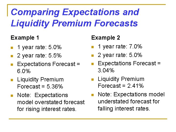 Comparing Expectations and Liquidity Premium Forecasts Example 1 n n n 1 year rate: