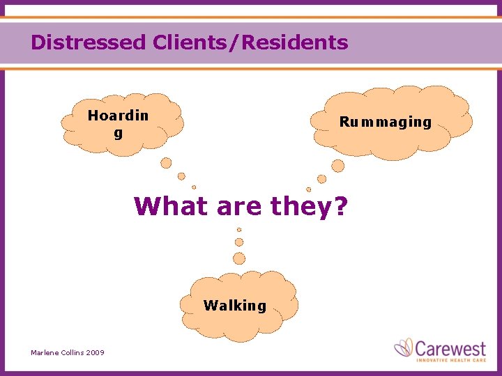 Distressed Clients/Residents Hoardin g Rummaging What are they? Walking Marlene Collins 2009 