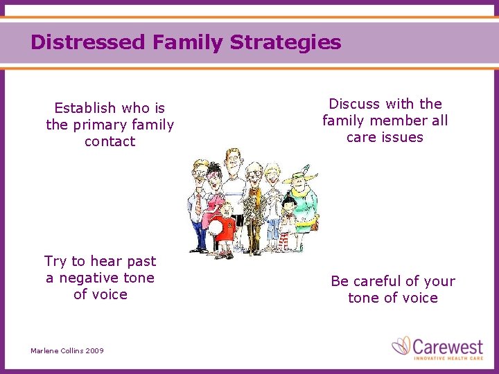 Distressed Family Strategies Establish who is the primary family contact Try to hear past