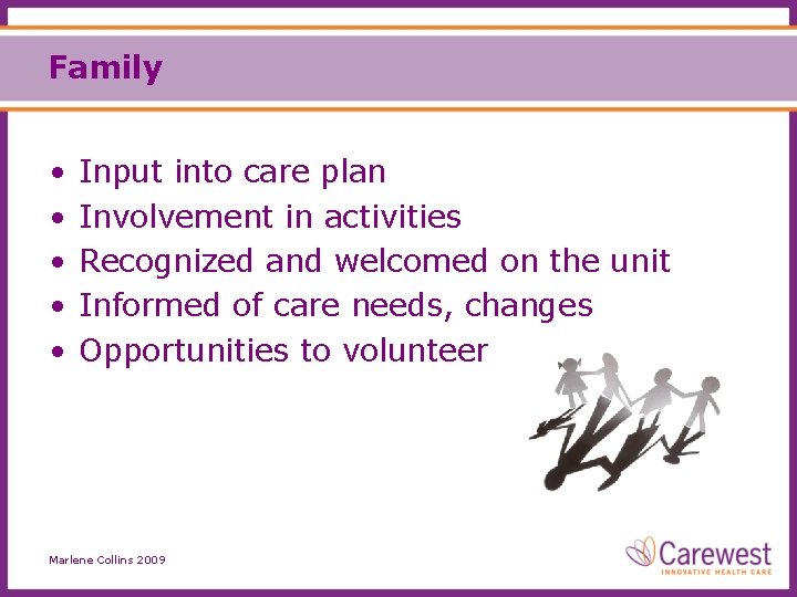 Family • • • Input into care plan Involvement in activities Recognized and welcomed