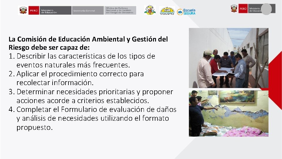 La Comisión de Educación Ambiental y Gestión del Riesgo debe ser capaz de: 1.