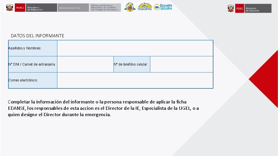 DATOS DEL INFORMANTE Apellidos y Nombres: N° DNI / Carnet de extranjería N° de