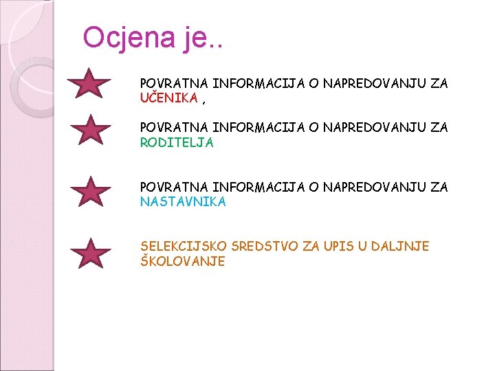 Ocjena je. . POVRATNA INFORMACIJA O NAPREDOVANJU ZA UČENIKA , POVRATNA INFORMACIJA O NAPREDOVANJU