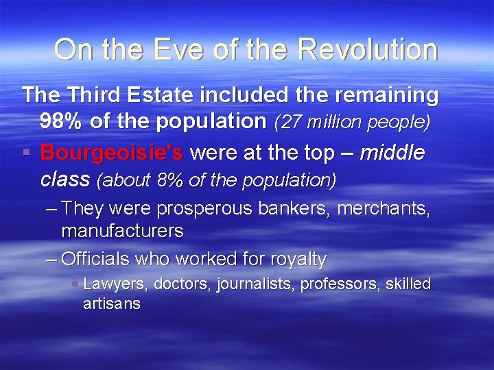 On the Eve of the Revolution The Third Estate included the remaining 98% of
