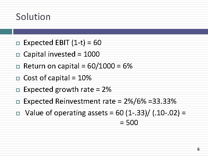 Solution Expected EBIT (1 -t) = 60 Capital invested = 1000 Return on capital