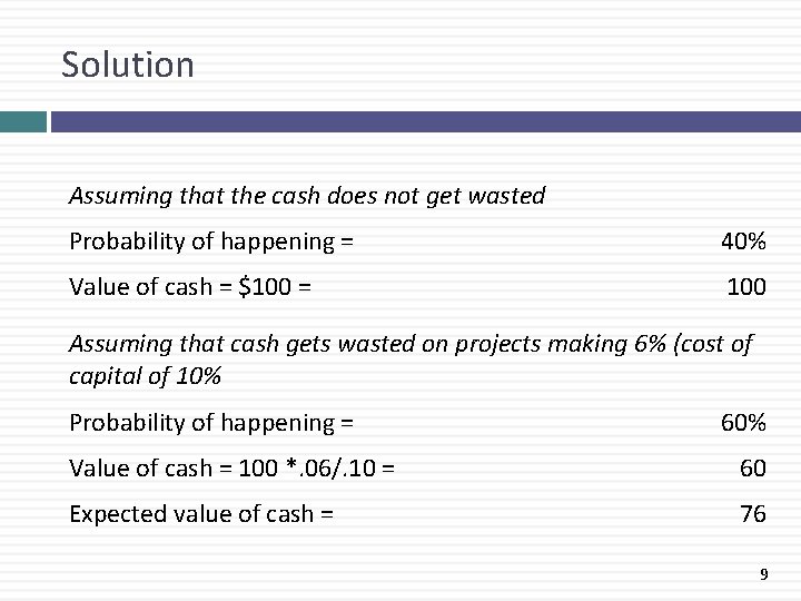 Solution Assuming that the cash does not get wasted Probability of happening = 40%