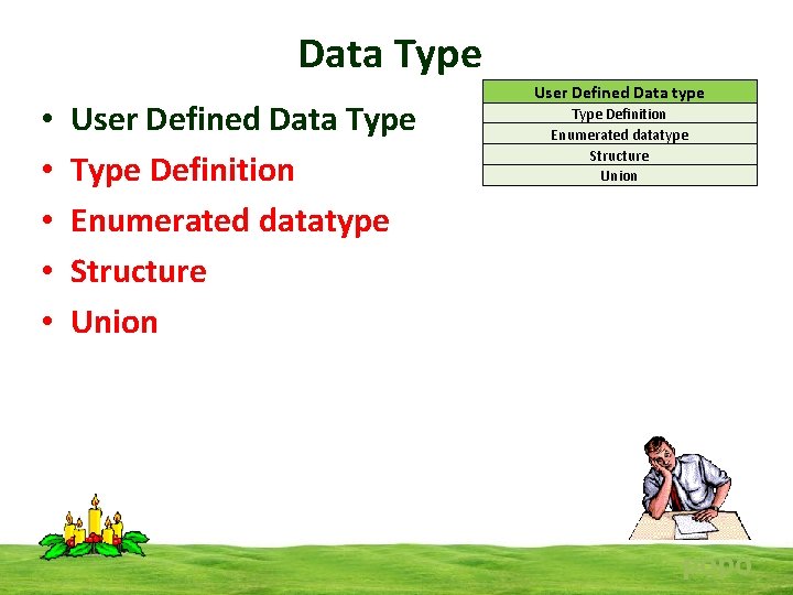 Data Type • • • User Defined Data Type Definition Enumerated datatype Structure Union