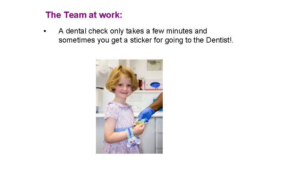 The Team at work: • A dental check only takes a few minutes and