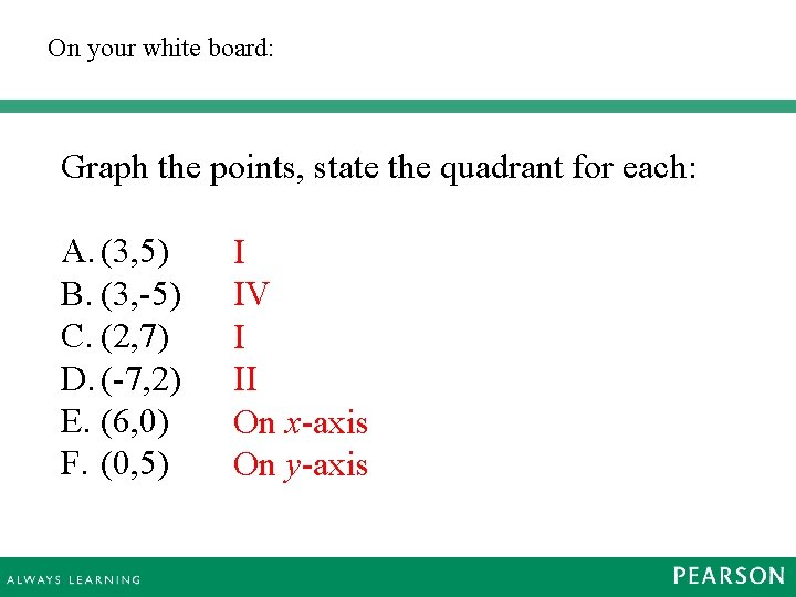 On your white board: Graph the points, state the quadrant for each: A. (3, On your white board: Graph the points, state the quadrant for each: A. (3,