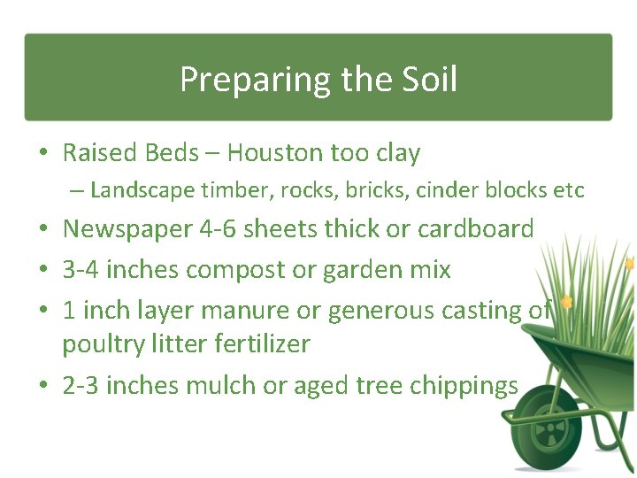 Preparing the Soil • Raised Beds – Houston too clay – Landscape timber, rocks,