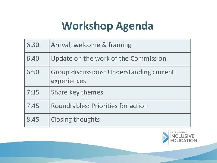 Workshop Agenda 6: 30 Arrival, welcome & framing 6: 40 Update on the work