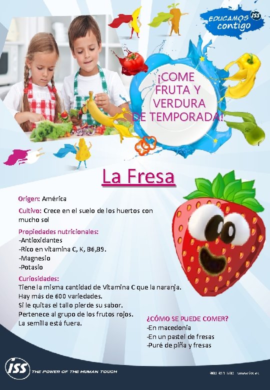 ¡COME FRUTA Y VERDURA DE TEMPORADA! La Fresa Origen: América Cultivo: Crece en el