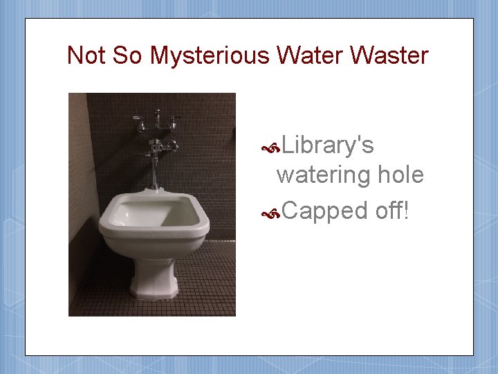 Not So Mysterious Water Waster Library's watering hole Capped off! 