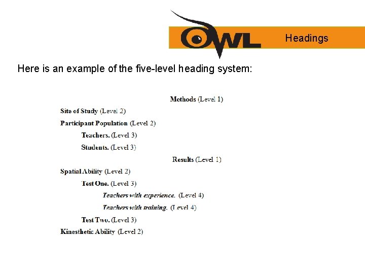 Headings Here is an example of the five-level heading system: 